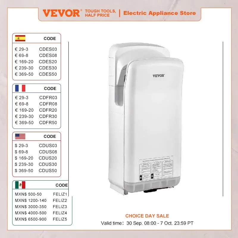 VEVOR Secador de Manos 2000 W Secador de Manos Eléctrico Comercial ABS Filtro HEPA Secador de Manos Automático Potente  43 ℃ Secamanos Eléctrico 290 x 220 x 685 mm Secador de Manos para Baños Blanco