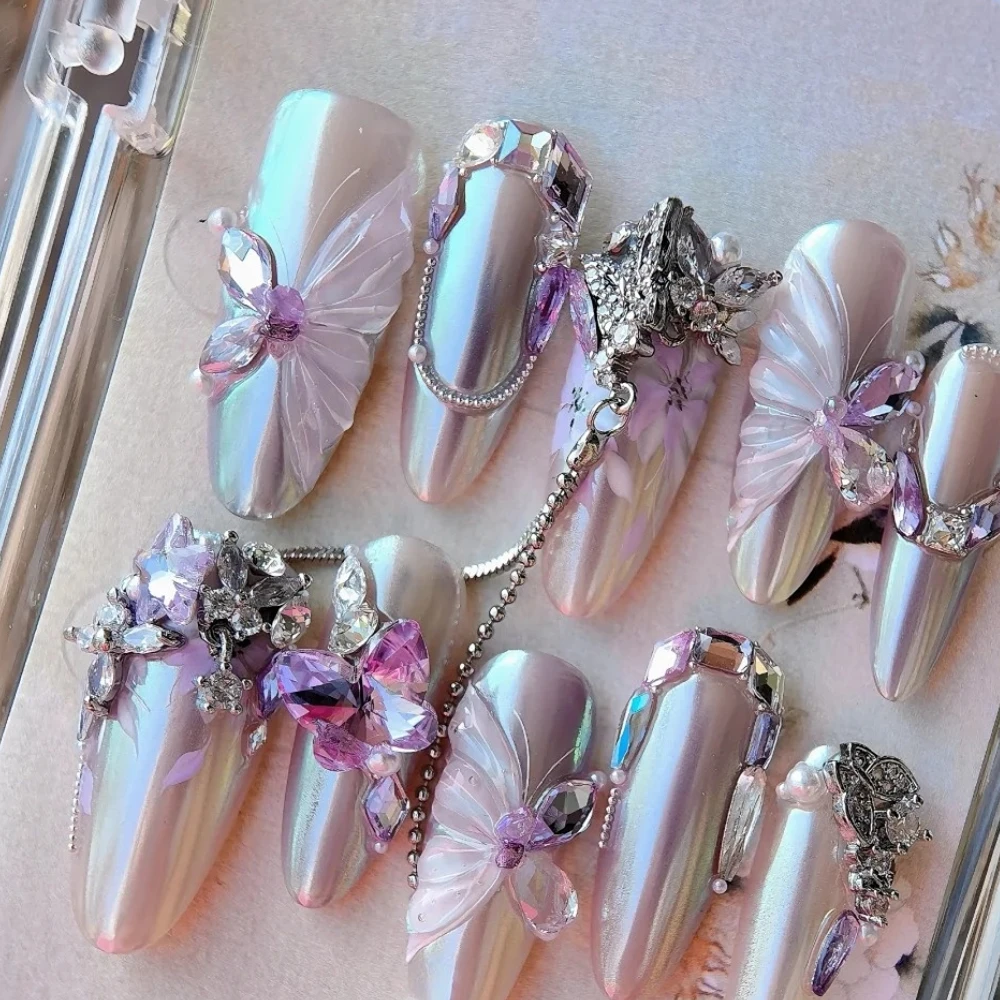 10Pcs Handmade Manicure Long Almond Fake Nails Luxury Diamonds Christmas & New Year Limited Nails Press On Nails Design with Set