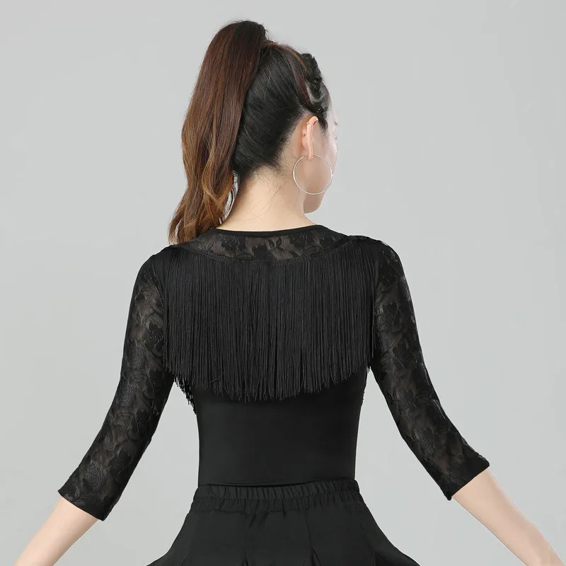 Abito da ballo latino standard nazionale personalizzato per donne adulte Abbigliamento da ballo moderno con nappe e top da allenamento a maniche lunghe nero