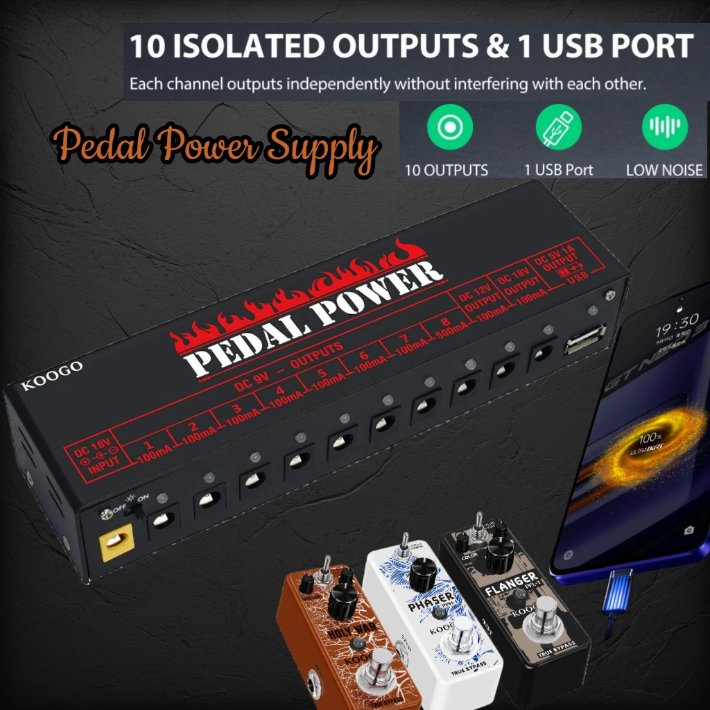 Koogo Guitar Effects Pedal Power Supply 10 Isolated DC Source Output 1USB 5V Port  Effector Power Supply  9V 12V 18V PedalBoard