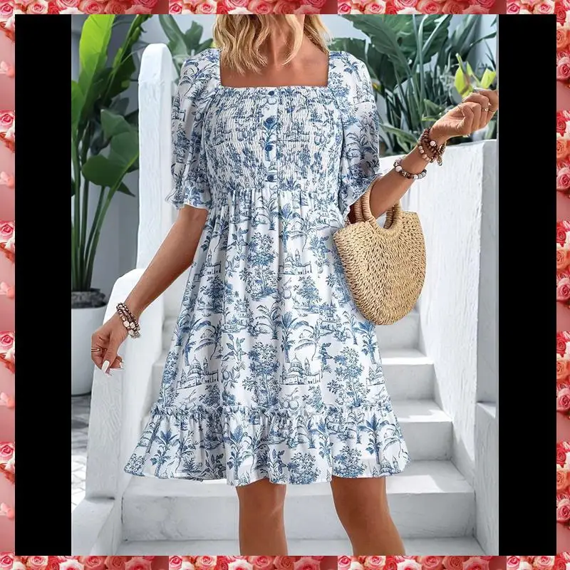 Vestidos casuales de verano para mujer, manga corta, cuello cuadrado, ahumado, vestido veraniego floral bohemio, mini vestido fluido de una línea