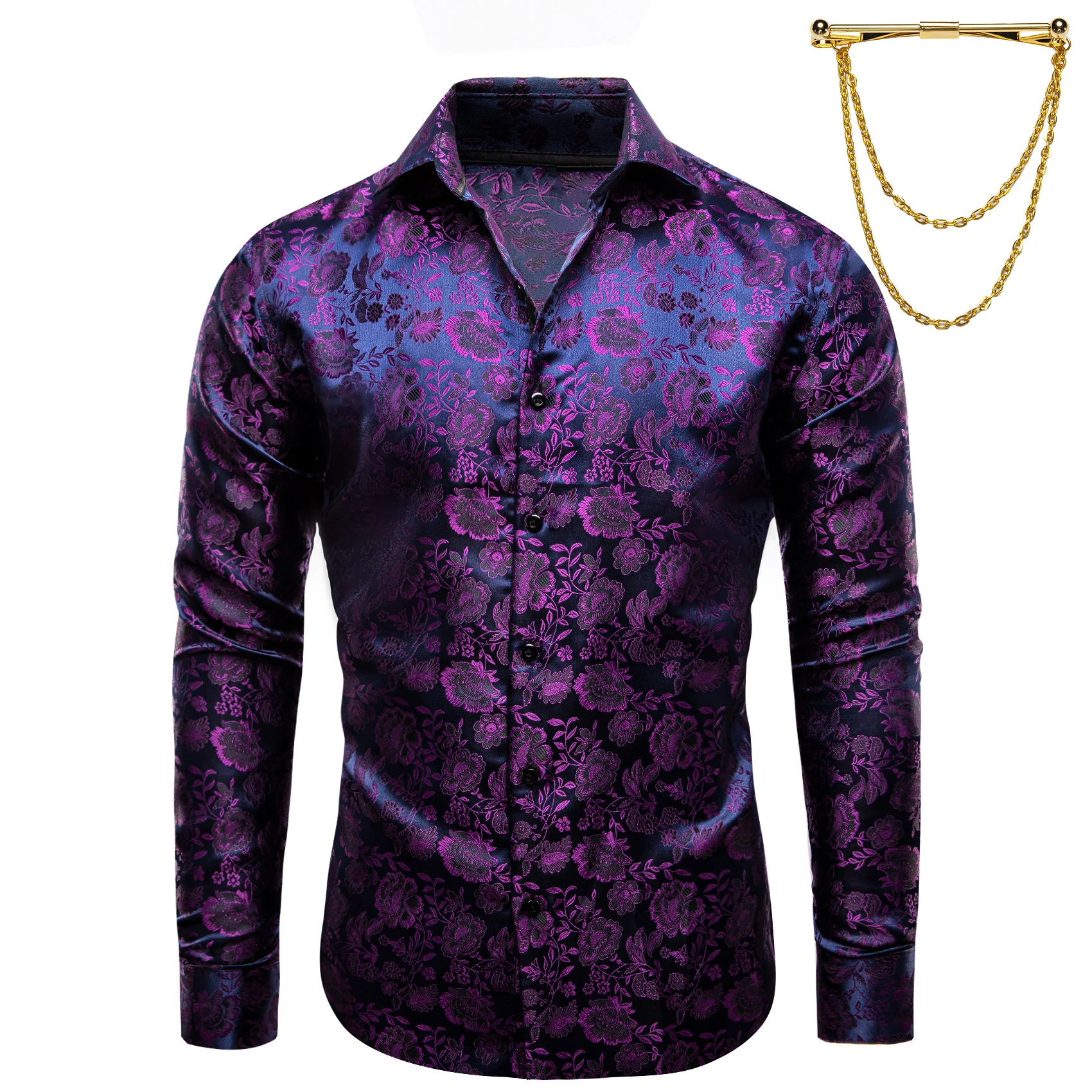 Men's Floral Dress Shirt with Gold Chain Accent, Stylish Long Sleeve Button - Up for Party, Nightclub & Prom Looks