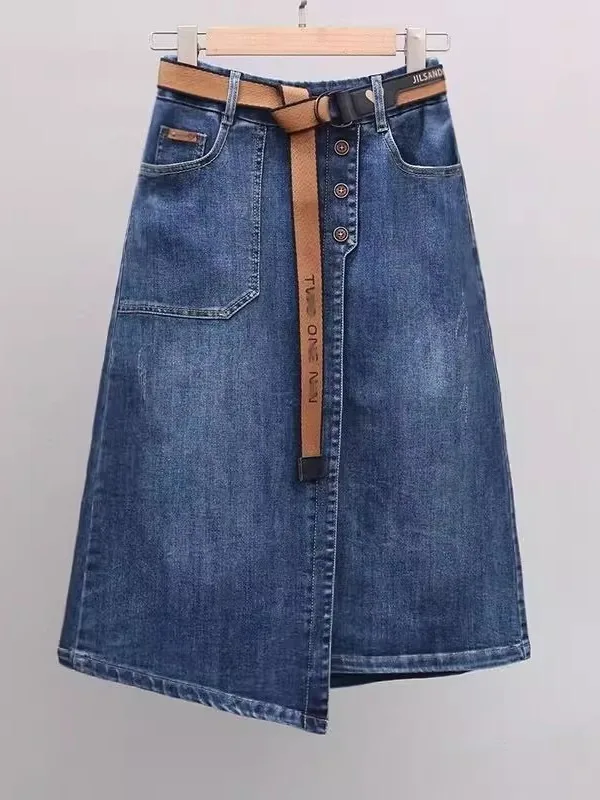 

Юбка трапециевидной формы с высокой талией, женская летняя новая облегающая асимметричная тонкая джинсовая юбка, удобная отскок для поездок на работу