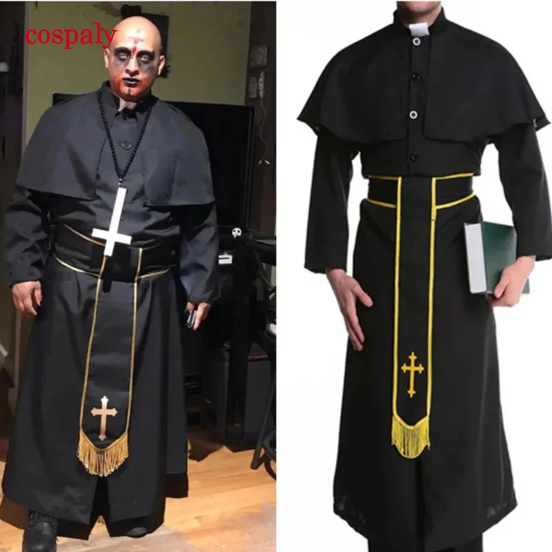 A Christian Priest Nun Cosplay Costume For Women Man Female Halloween Cosplay Renaissance Victorian Pastor Catholic Couple Cloth