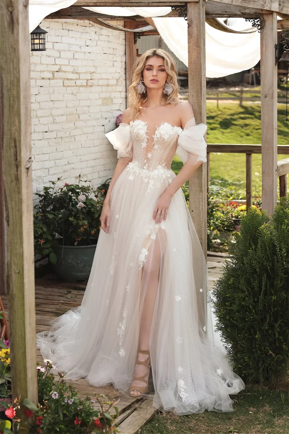 Personalizzato Boho scollo a V fiore 3D una linea abiti da sposa spacco laterale al largo della spalla formale da sposa cresciuto 2024 Rode De Morrie