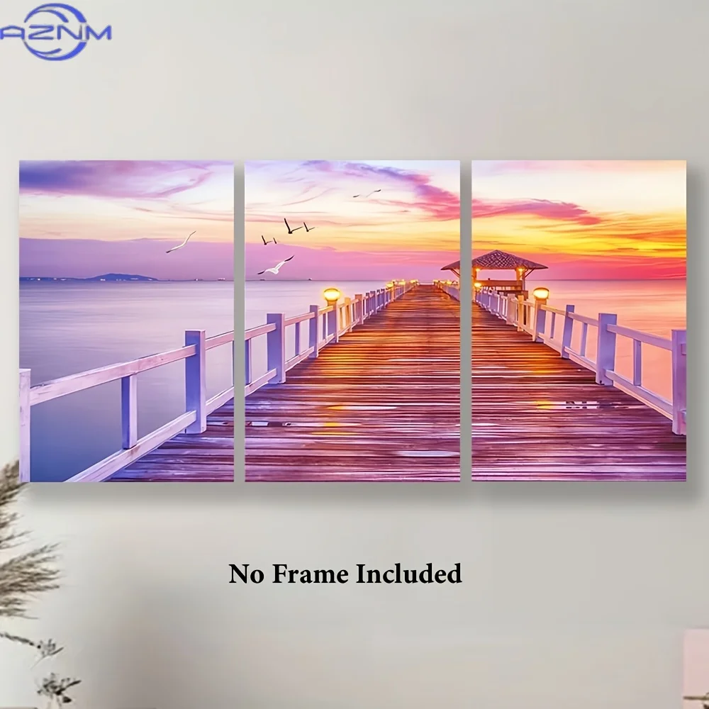 Lot de 3 tableaux sur toile sans cadre - Scène de plage au coucher du soleil avec des mouettes, parfait pour la décoration de la maison, du bureau, du bar, du café, de la salle de classe ou du dortoir.
