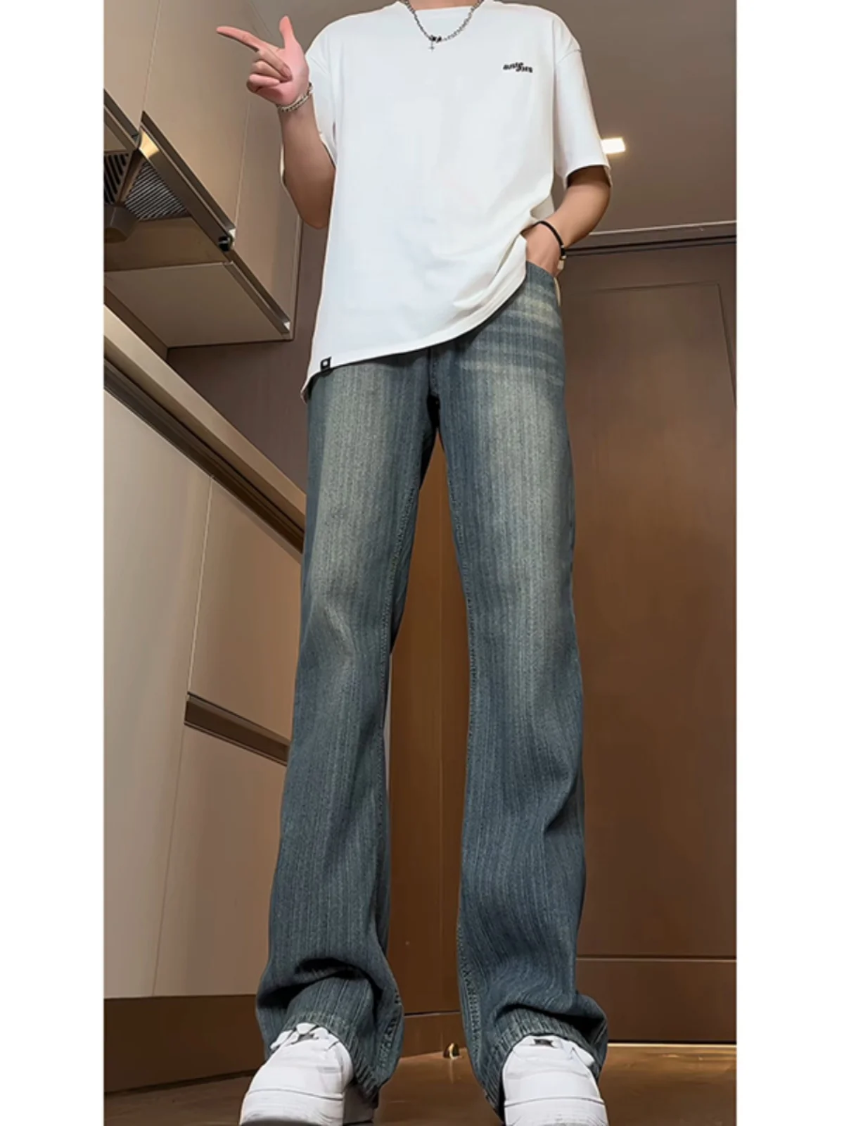 

Мужские джинсы-колокольчики с текстурой бамбука, прямые облегающие классические брюки в американском стиле ретро, модные брендовые джинсовые брюки