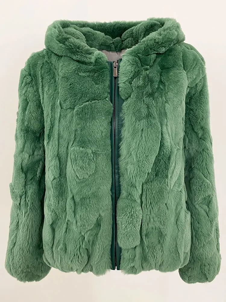 

2025 New Autumn Winter Real Rabbit Fur Jacket Short Hooded Real Fur Coat Female Women Warm Fashion Green Clothing Lady