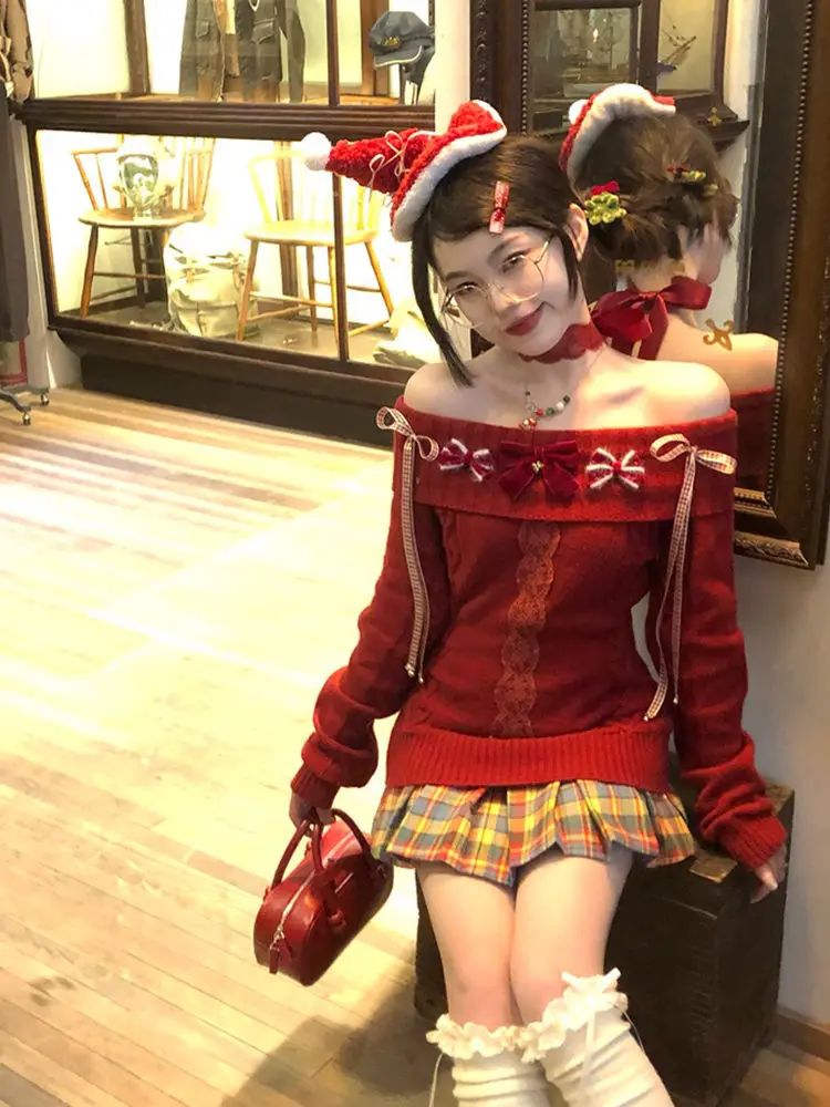 

Christmas Atmosphere Two-Piece Set Bow One Shoulder Pure Desire Sweater Colorful Plaid Pleated Skirt Women'S Sweet Style Suit