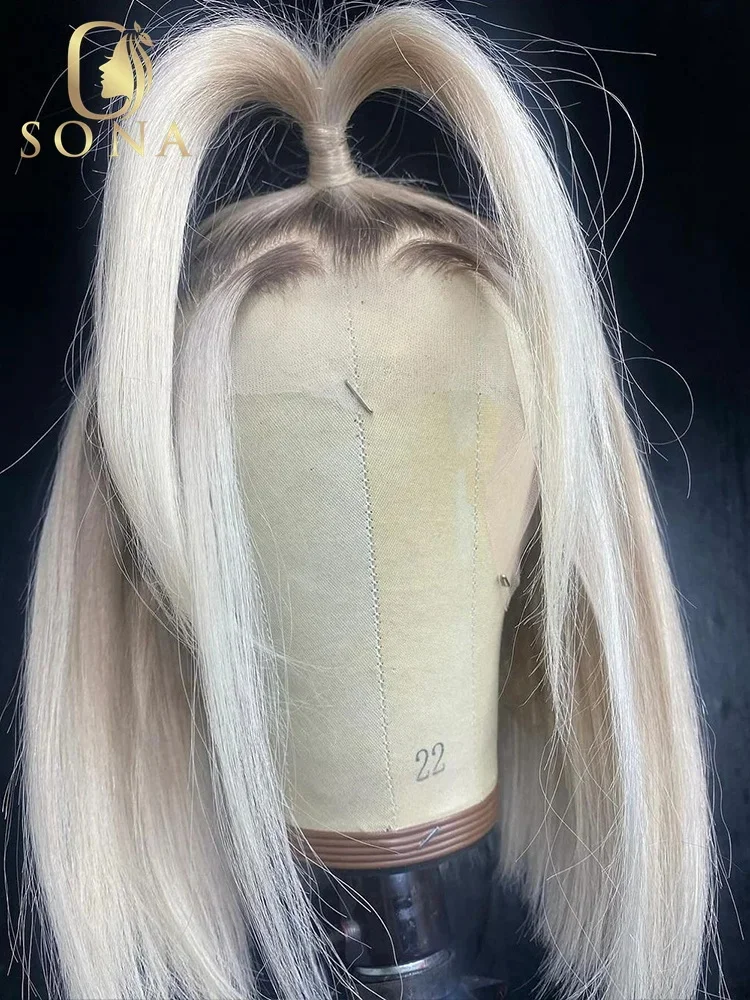 Colored Dark Root White Platinum Ash Blonde Straight Bob 13x6 13x4 Lace Frontal Wig Human Hair Pre Plucked Brazilian Remy Wig
