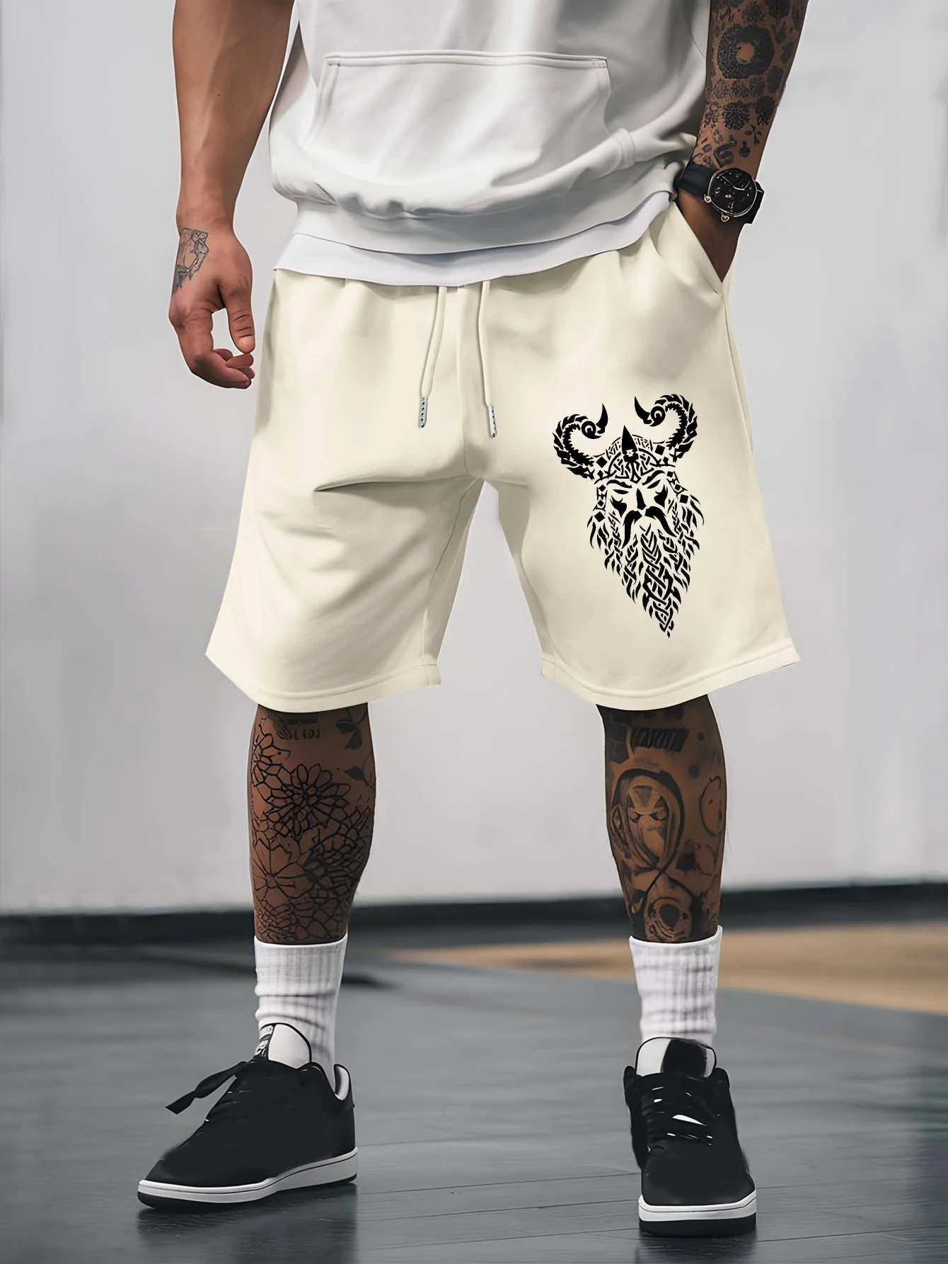 Summer Men's  Viking Print Casual Shorts Stylish Versatile Elastic Waist with Drawstring Suitable for Everyday Wear