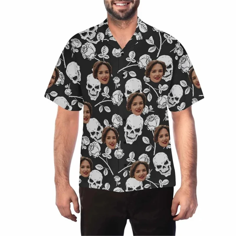 

Custom Face Photo Hawaiian Shirts For Men Clothing Personality 3D Print Skull Pattern Beach Shirt Y2k Hawaii Gifts For Falmily
