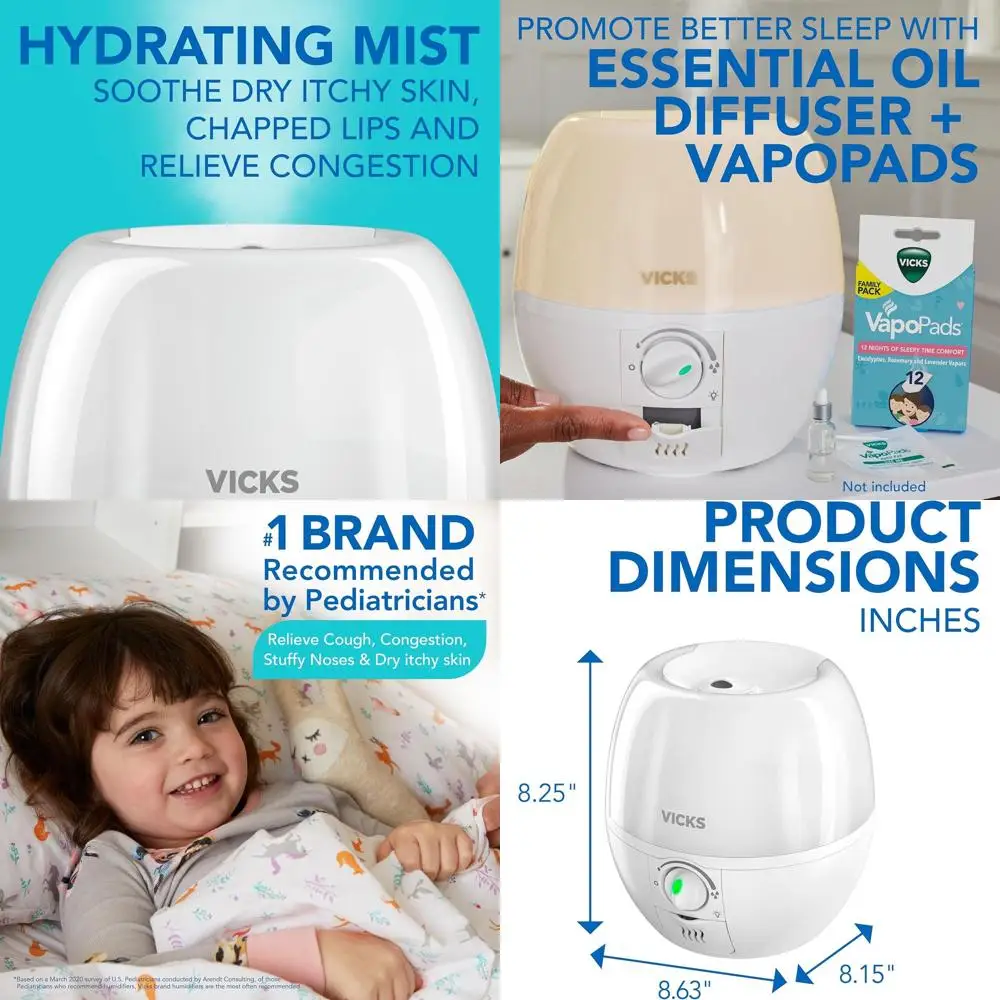 

Увлажнитель воздуха 3-в-1 с функцией прохладного тумана, красочным ночником и диффузором для эфирных масел для детских комнат, белый