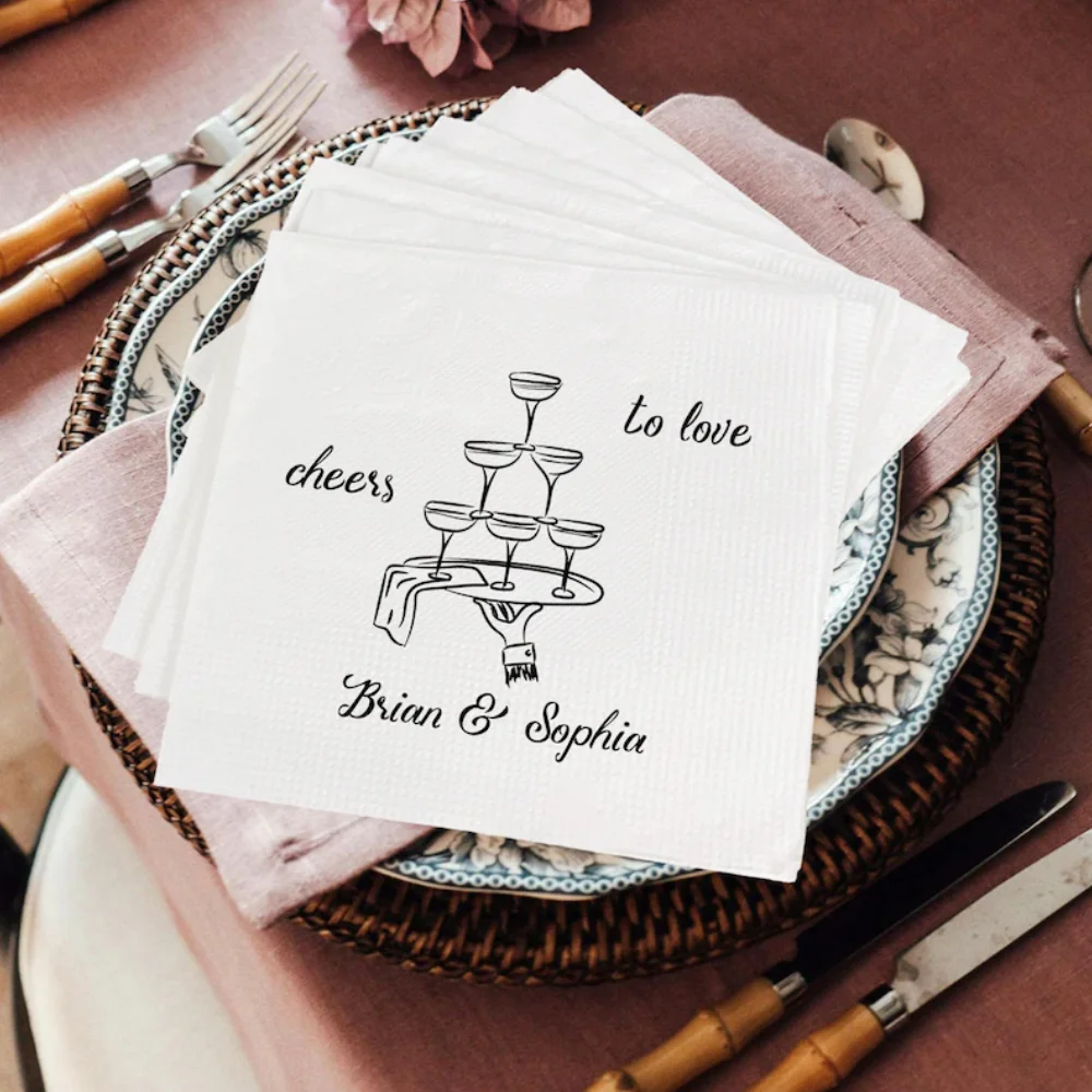 50Pcs Personalized Cheers to Love Hand Drawn Glasses Wedding Napkins, Custom Wedding Cocktail Napkins, Engagement Party Decorati