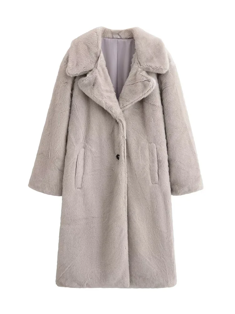 HH Elegant Woman Solid Jackets Turn-Down Collar Pockets Woman Long Sleeves Single-breasted Artificial Fur Winter Long Coats