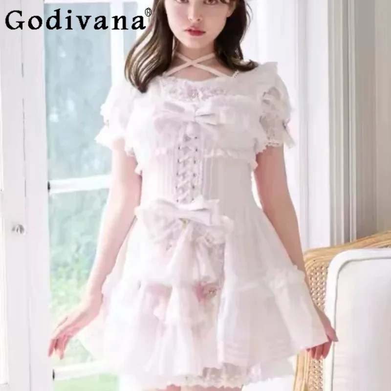 

Large Size New Japanese Sweet Waist Cinching Versatile Bow Short Sleeve Dress Cute High Waist A-line Age-reducing Fairy Dresses