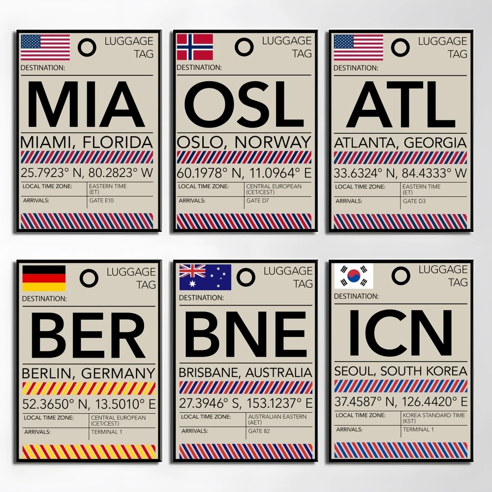 

USA U.K. Airport Baggage Tags Poster Perfect Sticker Self Adhesive Wall Art Designed for Home Office Dining Spaces
