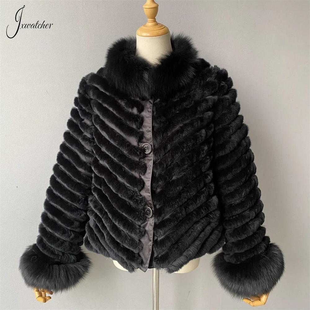 Jxwatcher Natural Rabbit Fur Coat For Women Winter Fashion Reversible Fur Jacket With Real Fox Fur Ladies Luxury Casaco Autumn