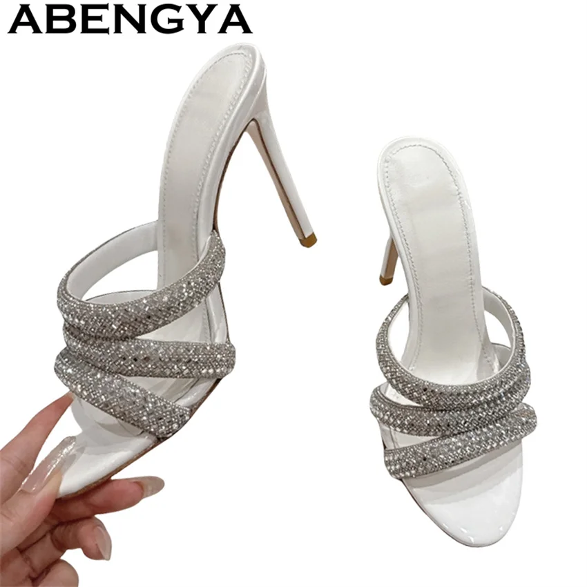 

ABENGYA Shiny Crystal Thin High Heel Slippers Women Luxury Rhinestone Open Toe Slingback Slippers Summer Dress Party Shoes Mujer
