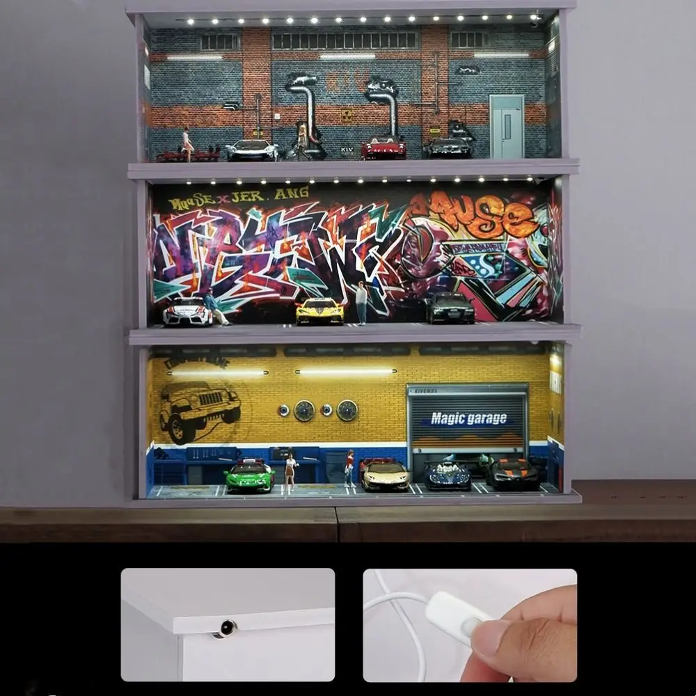 Model Adegan Garasi Skala 1/64 dengan Lampu Simulasi Model Tempat Parkir Ruang Pameran Miniatur Model Mobil Kotak Pajangan Hadiah Anak Laki-laki