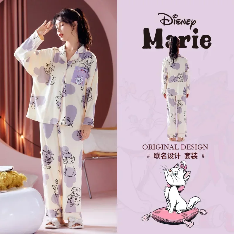 Disney-pijama de seda de gato Mary para mujer, conjunto de dos piezas, largo, algodón, ropa de casa, pantalones, otoño