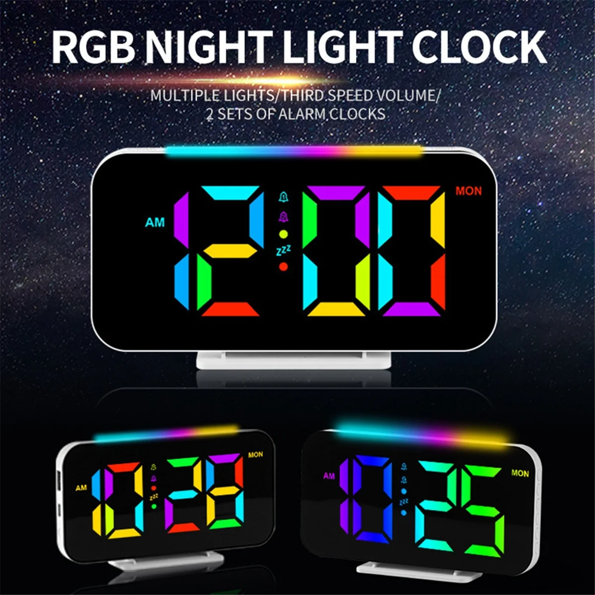 LED Digital Clock RGB Display Alarm Clock with Ambient Lighting Night Lamp Electronic LED Time Display Desktop Clock-B