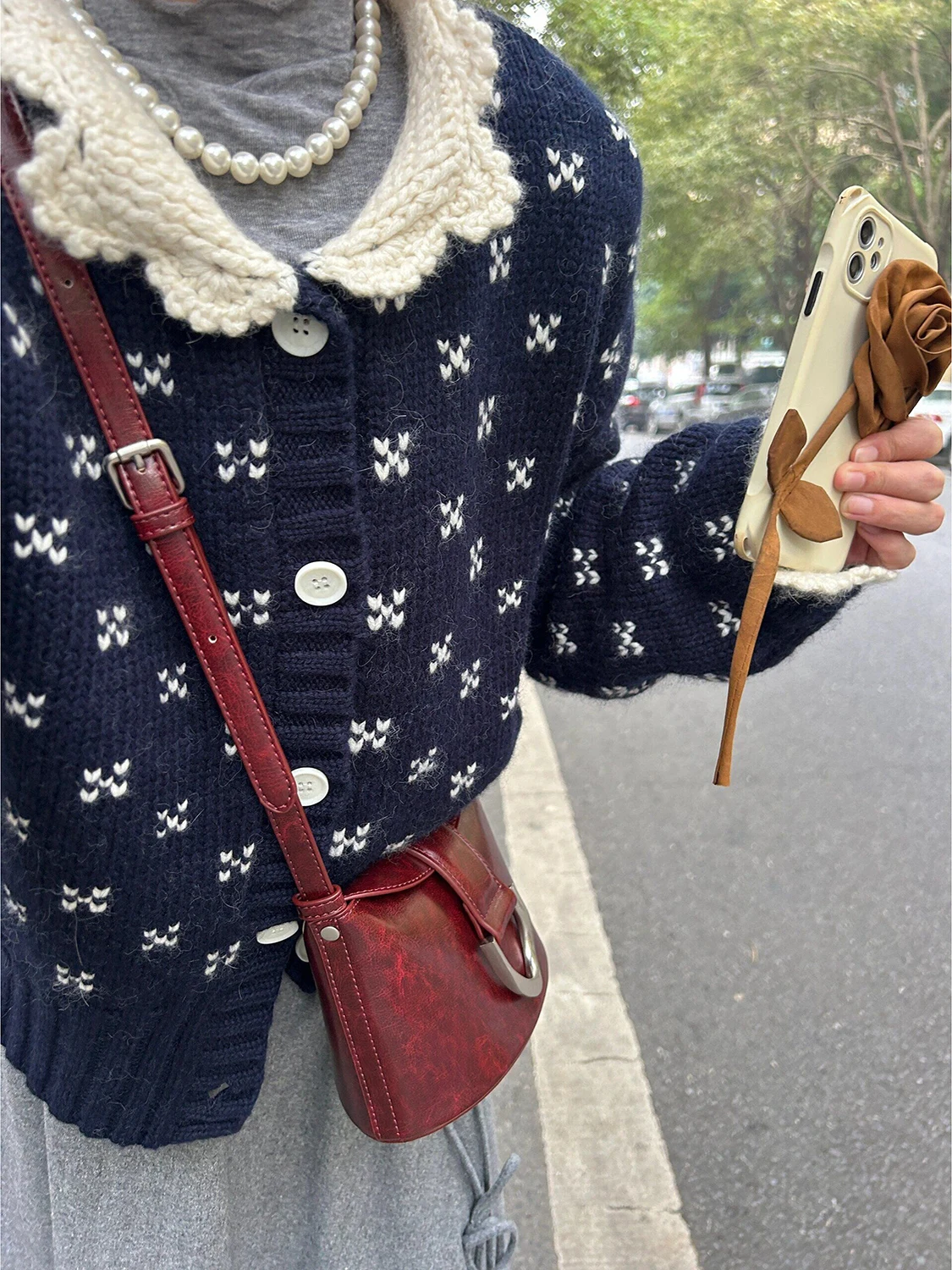 Retro Doll Collar Floral Knitted Open Cardigan Women's Loose ort Sle Inner Wear Sweater Top for Autumn Winter New Arrival