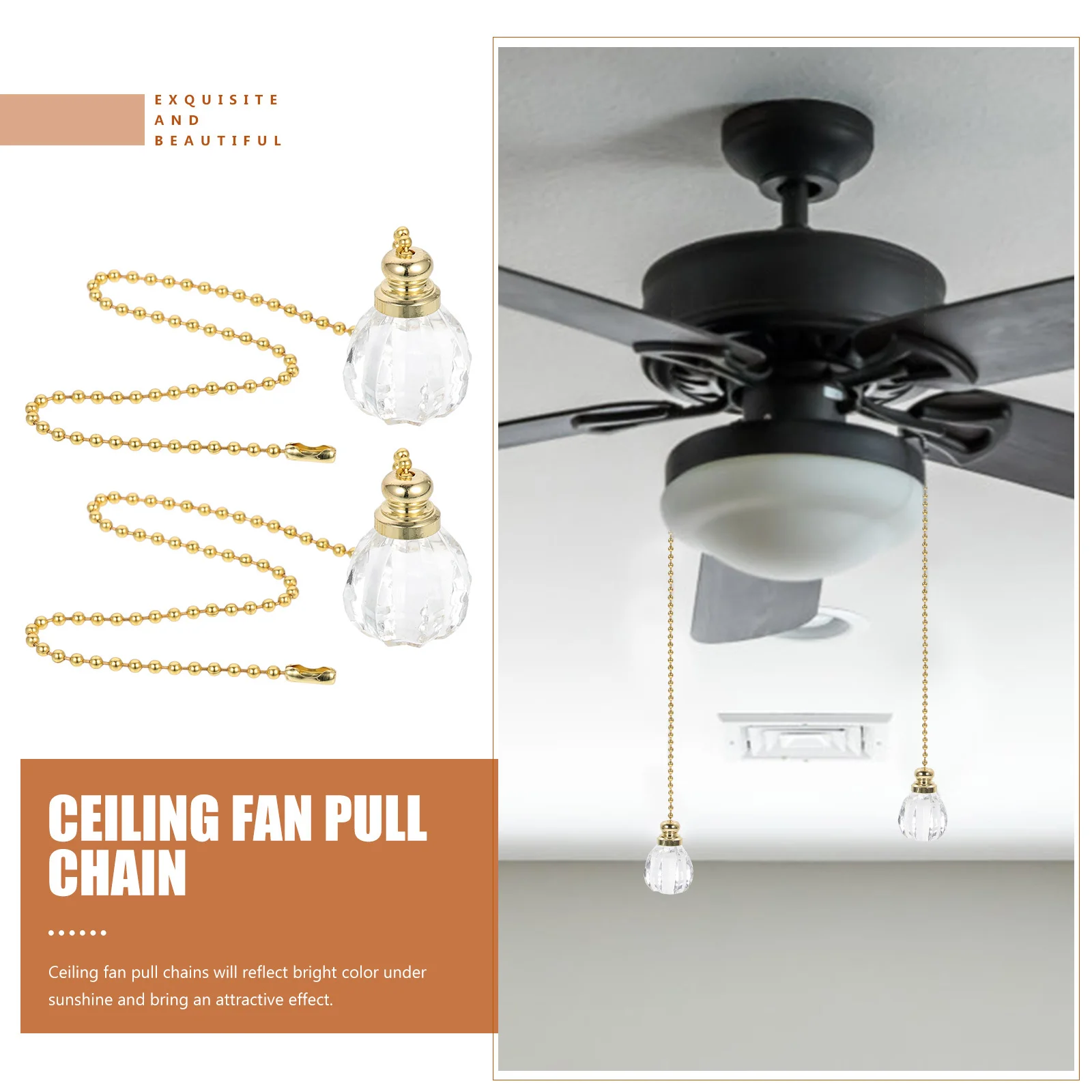 

2Pcs Crystal Ceiling Fan Pull Chain Decorative Beaded Ball Extension Connector Modern Style Eye-Catching Visual Effect