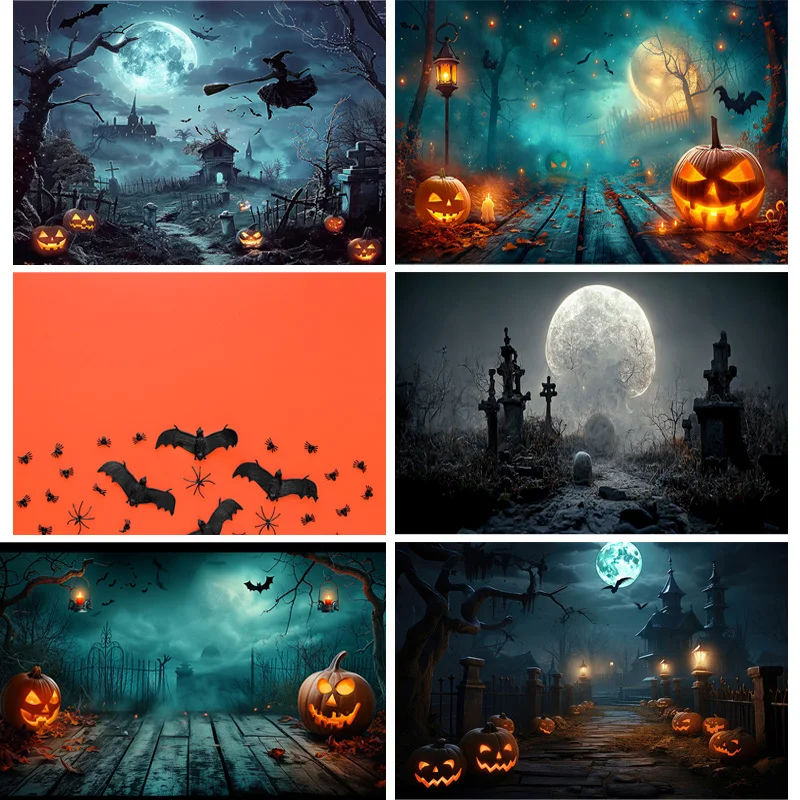 

Halloween Backdrop Full Moon Scary House Night Castle Graveyard Forest Bats Pumpkin Lantern Spooky Photography Background SJ-10