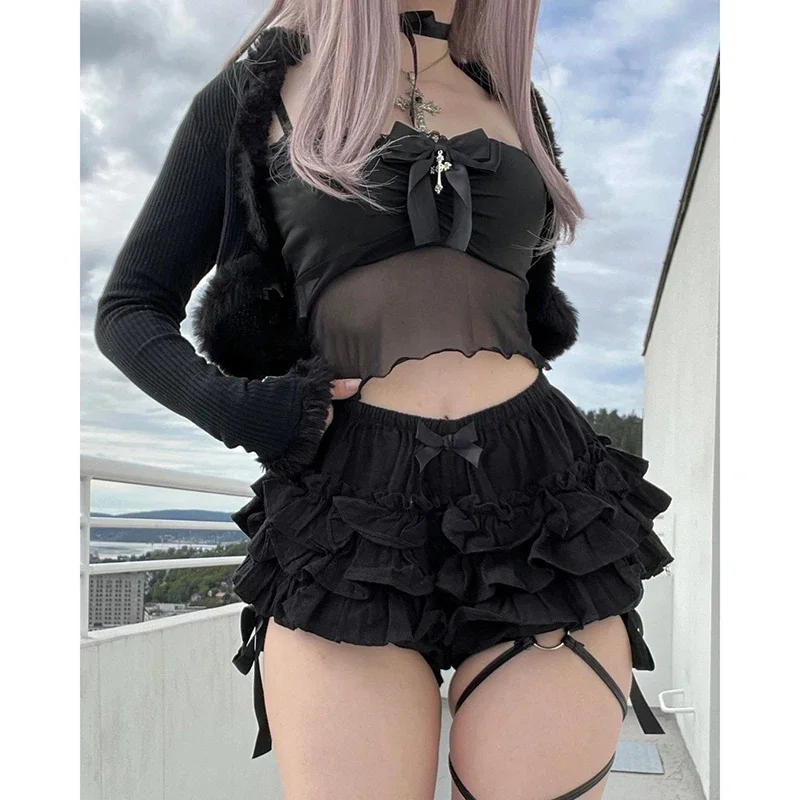 Combhasaki Women Y2K Vintage Retro Gothic Bloomer Shorts Summer Elastic Waist Layered Solid Casual Shorts Streetwear for Daily