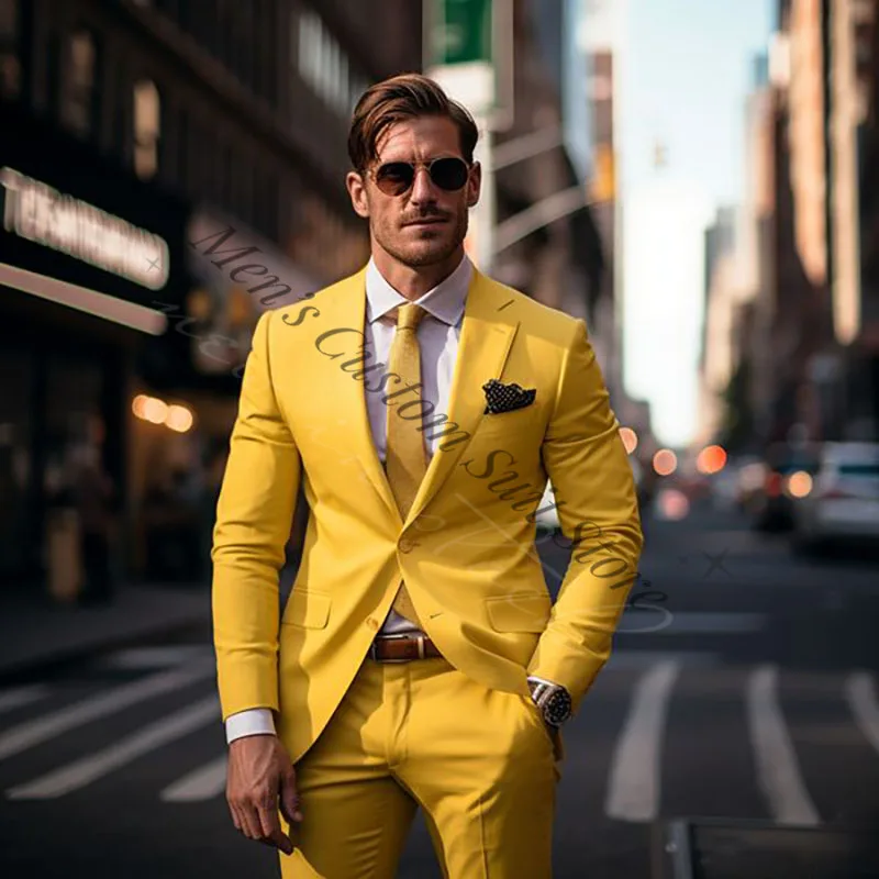 

Yellow Men's Suit 2 Piece Set Blazers Pants Classic Business Gentleman Groom Wedding Formal Prom Party Occasion Suits for Man