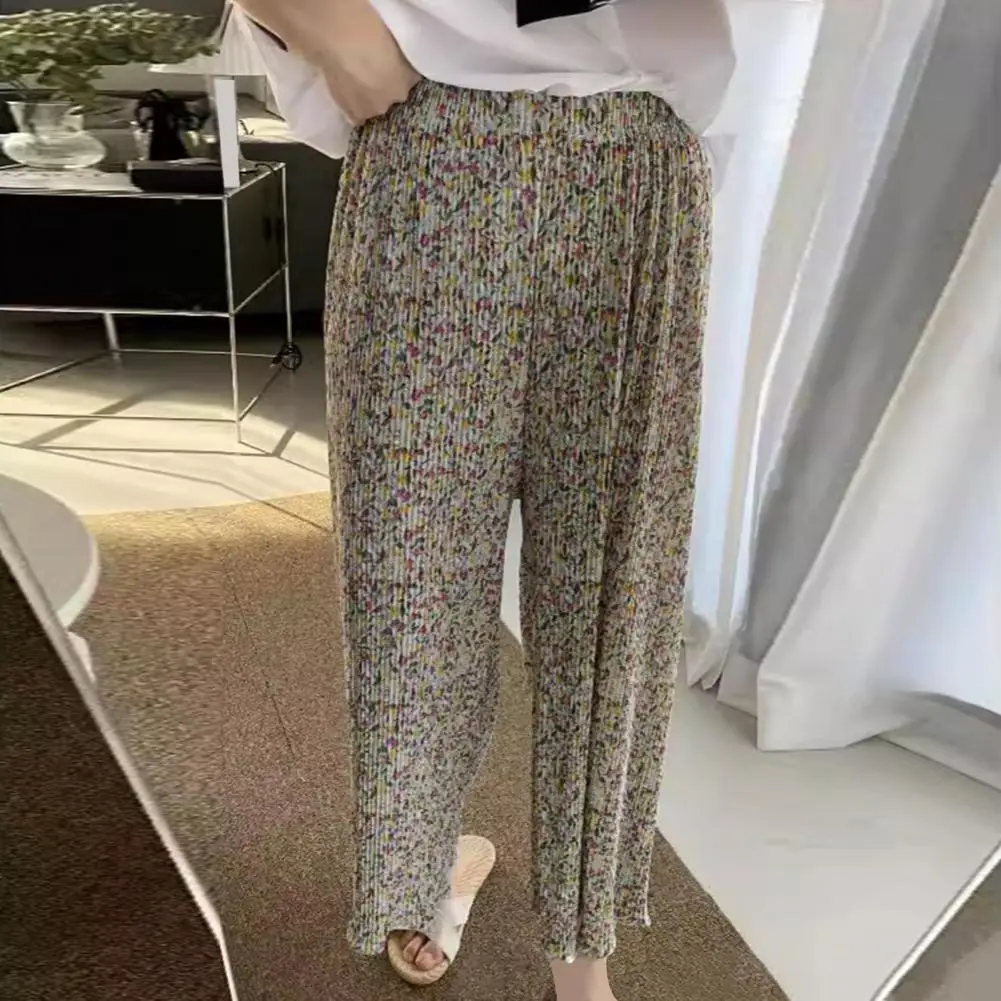 Pantalon large à imprimé floral pour femme, pantalon de salon taille haute élastique, plis drapés, FJfor Leisure