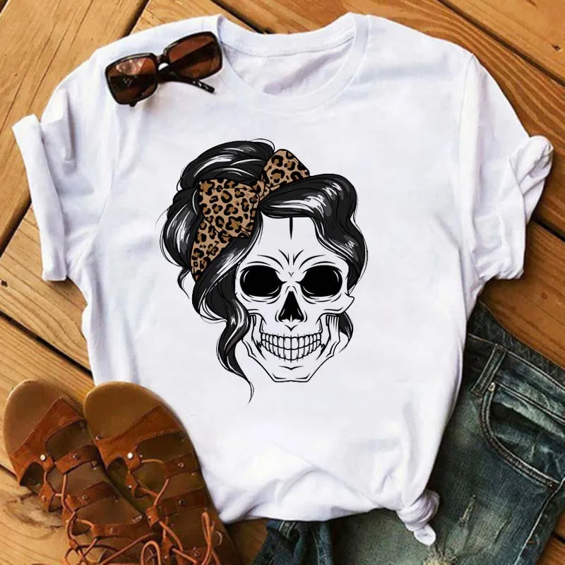 

New Cartoon Mama Leopard Turban Skull Print Women Tshirts Casual O-neck Tops Loose Harajuku White T Shirt Korean Style Clothes