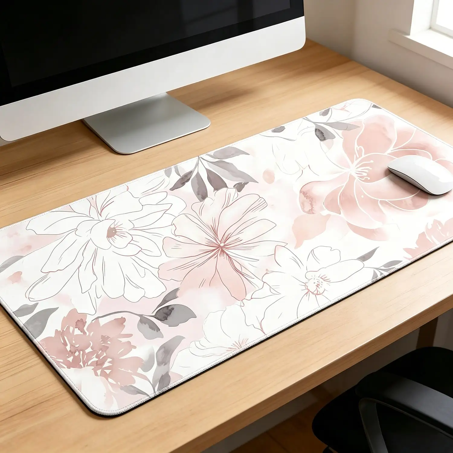 1pc Extra Large Floral Mouse Pad - Elegant Pink And Beige Floral Design, XXL Rubber Desktop Mat, Stitched Edges, Suitable For Women, Artists And Gamers As