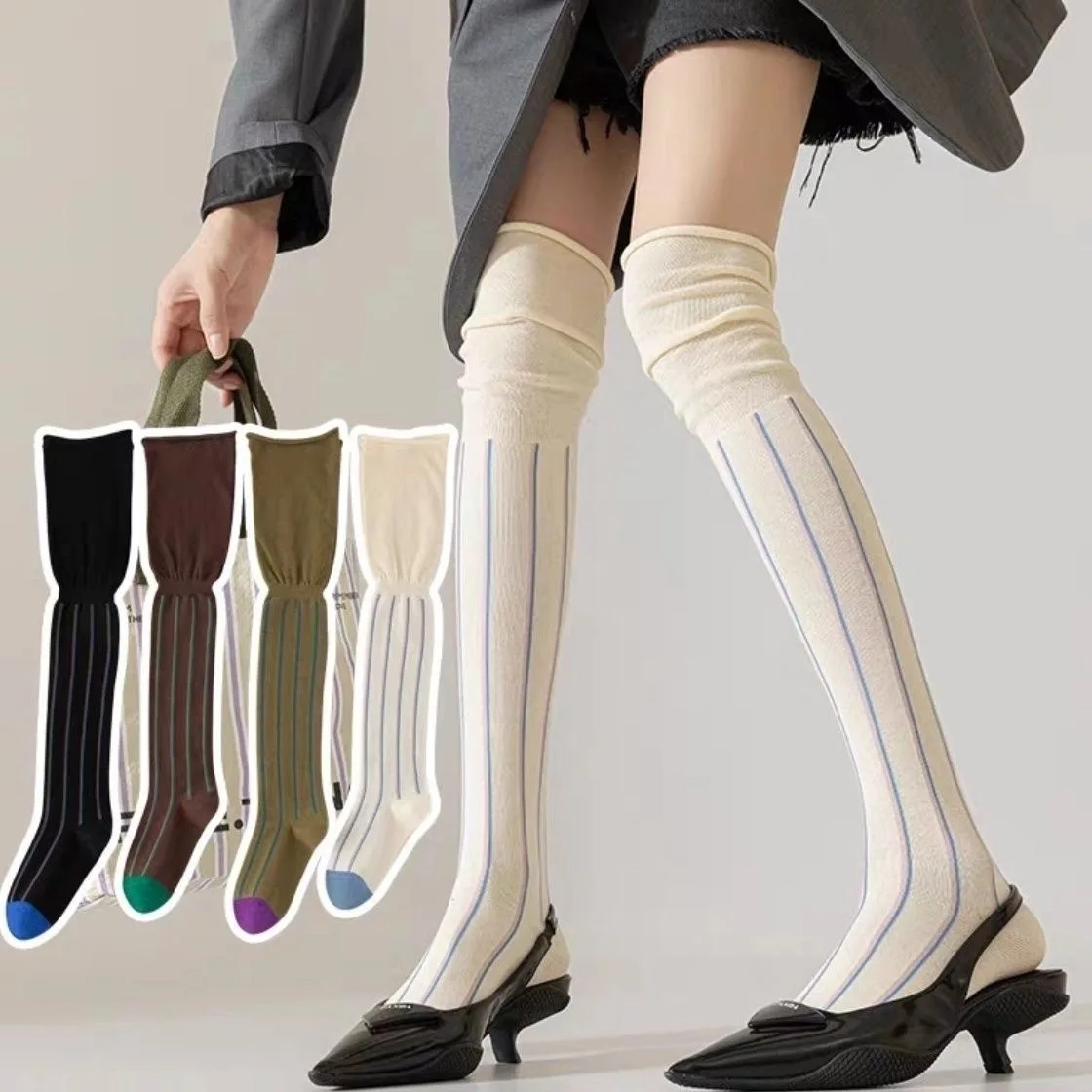 Solid Color Vertical Striped Over Knee Women Stockings Fashion Versatile Slim Thigh High Socks Loose Mouth Knee Length Stockings