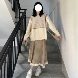 Temperament Elegant Women's Set Spring Autumn New Striped Knitted Sweater+Lace Edge Pleated Skirt Gentle Two Piece Set for Women