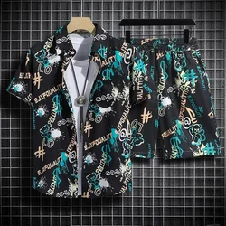 Hawaiian Beach Shirt Ensemble Men's Baggy Short-Sleeved Combo For Hainan Travel Vacation Cartoon Half-Sleeved Floral Shirt Tops