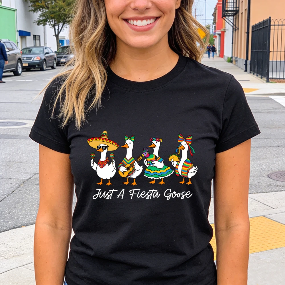 

Just A Fiesta Goose Cinco De Mayo T-Shirt, Funny Mexican Party Duck Graphic Tee, Casual Cotton Short Sleeve for Men Women