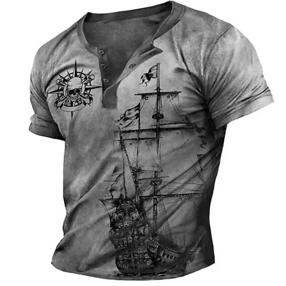 Herren-T-Shirts mit Lustigem 3D-Totenkopf-Segelboot-Druck, Henley-Shirts, Modische Knopfleiste, Kurzarm, Lässige Weite Oberteile, Sommer-Herrenmode im Vintage-Stil