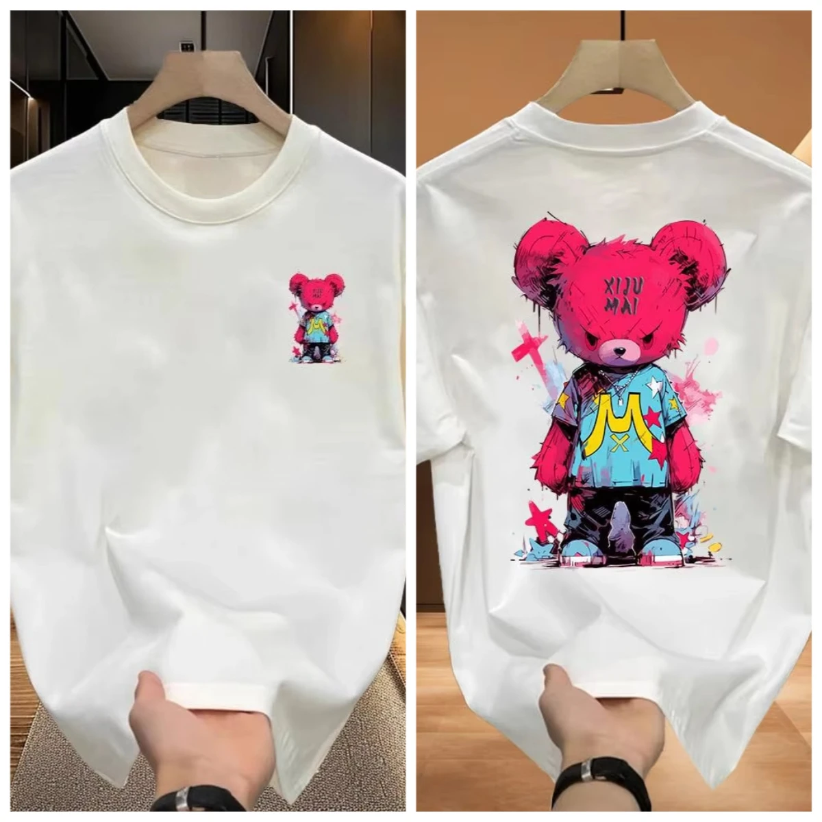 

Мужская и женская черная футболка с короткими рукавами yzju.mai, наряд с рисунком медведя и звезды, городская уличная одежда, повседневный тренд