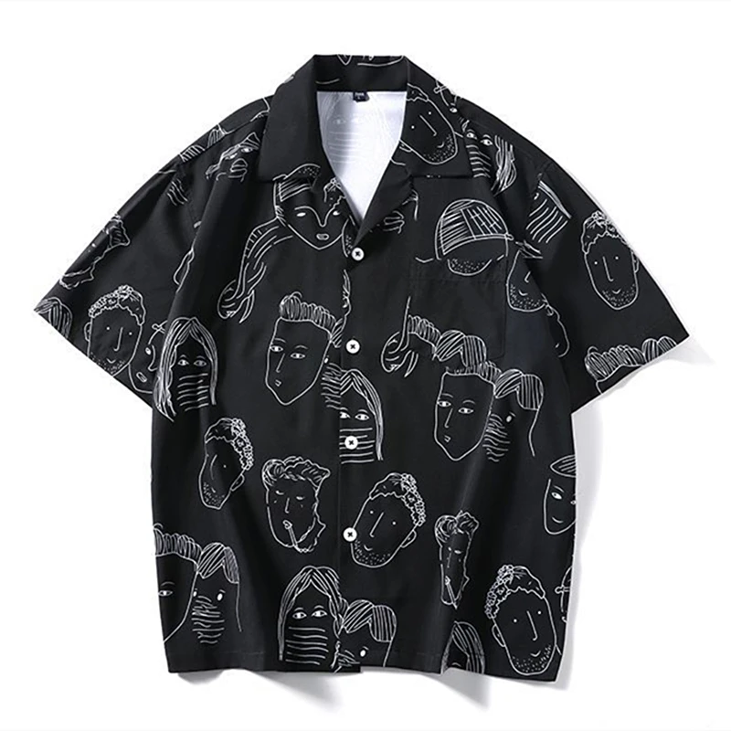 Japanese Anime Man Full Printed Graphic Shirts for Men Loose Oversized Button Up Blouse Half Sleeve Lapel Tops Y2K Beach Clothes