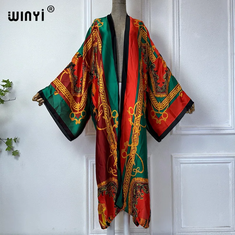 WINYI summer kimono Africa print beach wear women Swim Suit elegant African women boho Cardigan sexy Holiday silk feeling dress