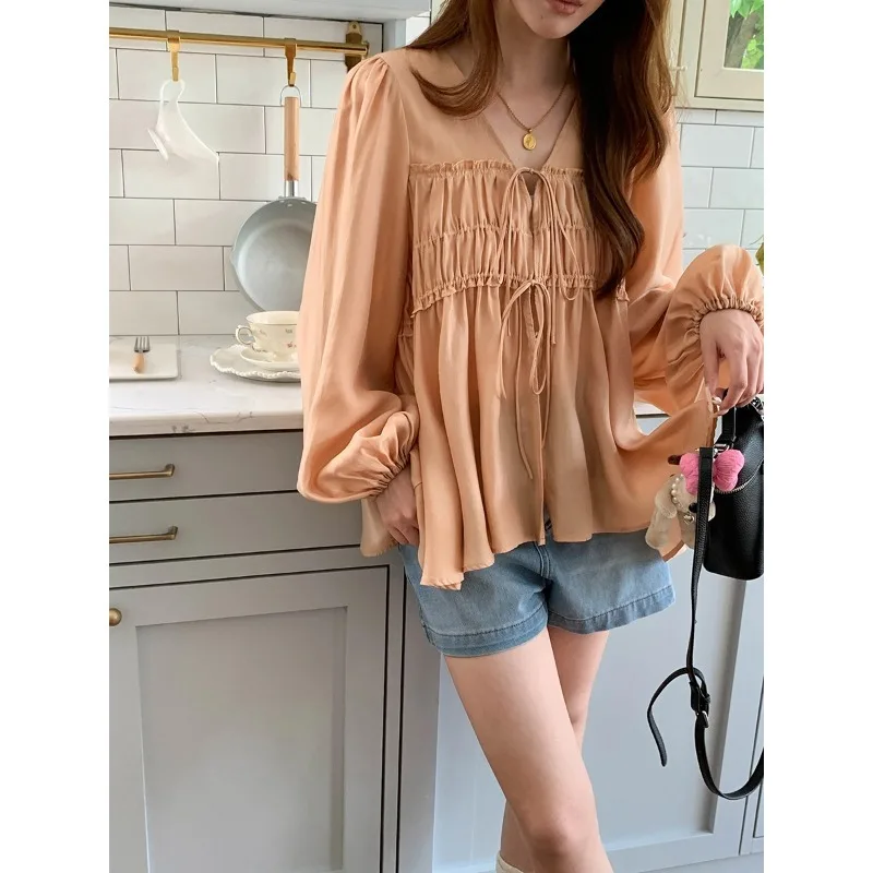 Southern France Midsummer Tencel Sunscreen Wrinkle Strap V-neck Temperament Small Shirt