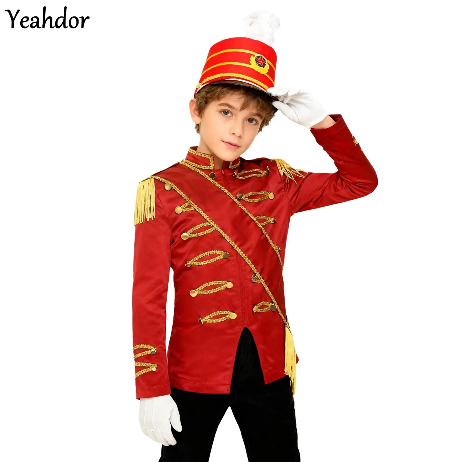 

Boys Halloween Nutcrackers Costume Set Drum Trumpet Team Zip-Up Tassel Ringmaster Jacket Coat +Sash Hat Gloves Drummer Outfits