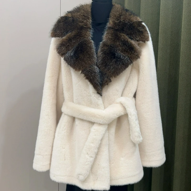 Women's Imitation Sable Suit Collar Belt Warm Outerwear 2026 Autumn/Winter New Style Fashion Fur Integrated Mid-length Jacket