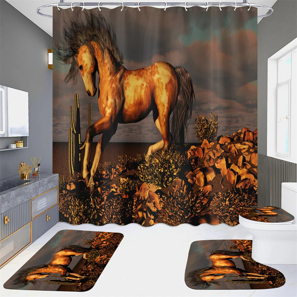 

Animal Themed Bathrom Shower Curtain Bath mat Set animal Horse Decoration Waterproof non-slip Bathroom Shower Curtain Carpet Set