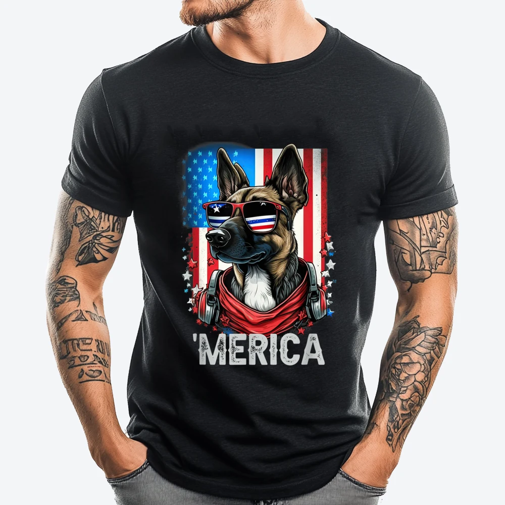 

4th Of July Patriotic Belgian Malinois Dog Merica Men's T-Shirts Men Clothes New Fashion Printed T-shirt