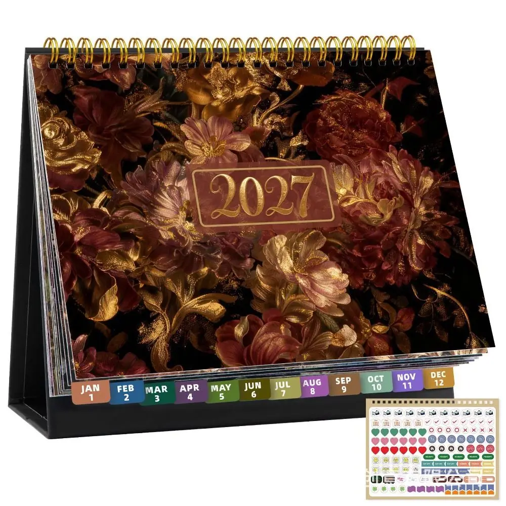 Floral Pattern 2027 Desk Calendar Standing Design Decorative Standing Flip Calendar Coil Binding Spiral Bound Table Calendar