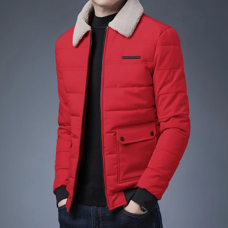

2025 New Men's Red Thiened Cotton Jaet Slim Fit Trendy Collar Stand up Coat Warm Casual Polyester Fiber Cleanfit Sle