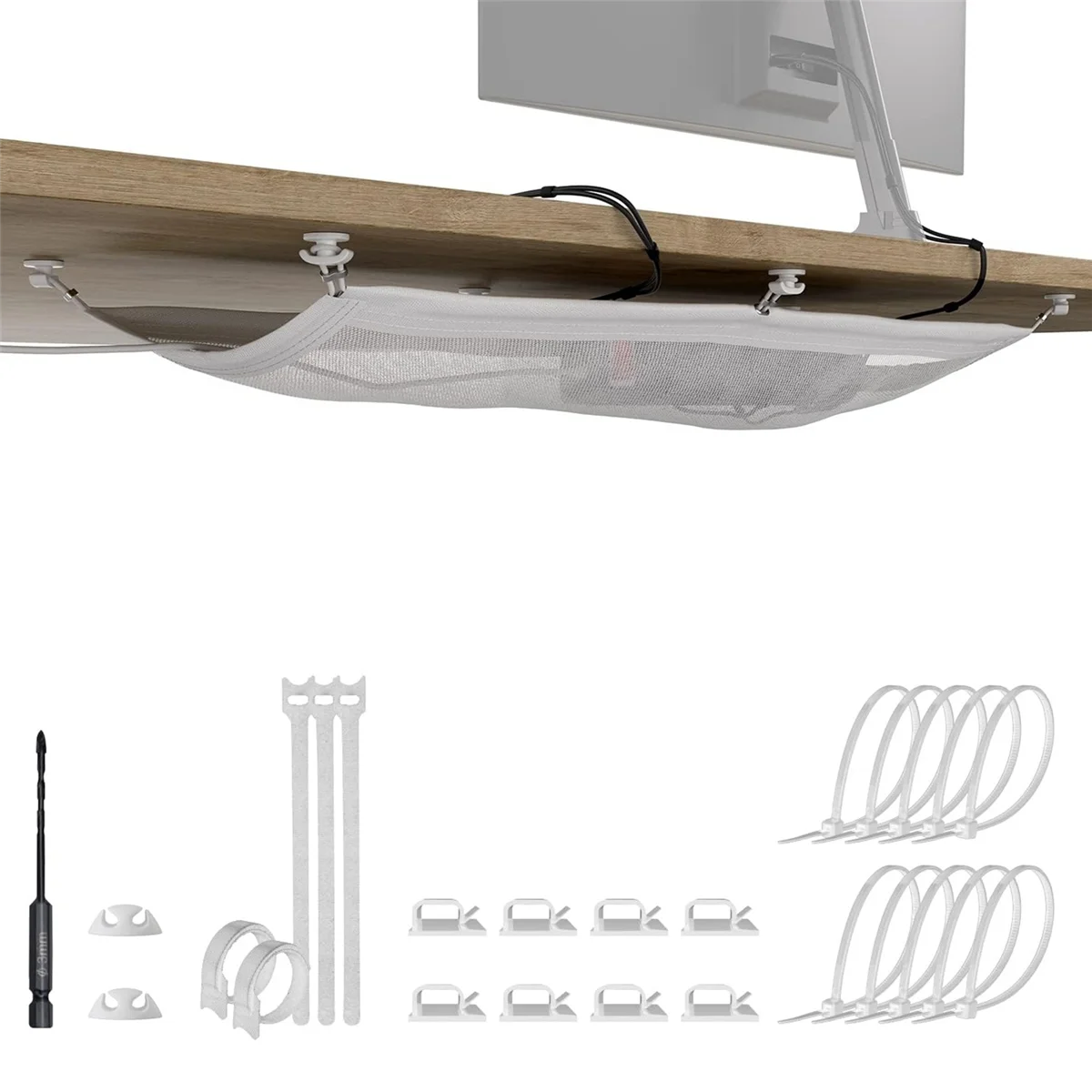 Cable Management Net - Under Desk Wire Management - Flexible Under Desk Cable Management Tray White A